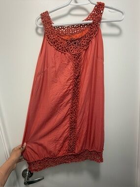 SHULAMI Silk-Cotton Boho Tunic Dress – Crochet Detailing – Coral / Terracotta L